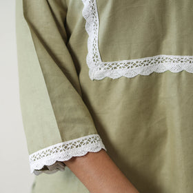  Ruhi Green Linen Cotton Plain Kurta with Lace Work