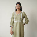  Ruhi Green Linen Cotton Plain Kurta with Lace Work