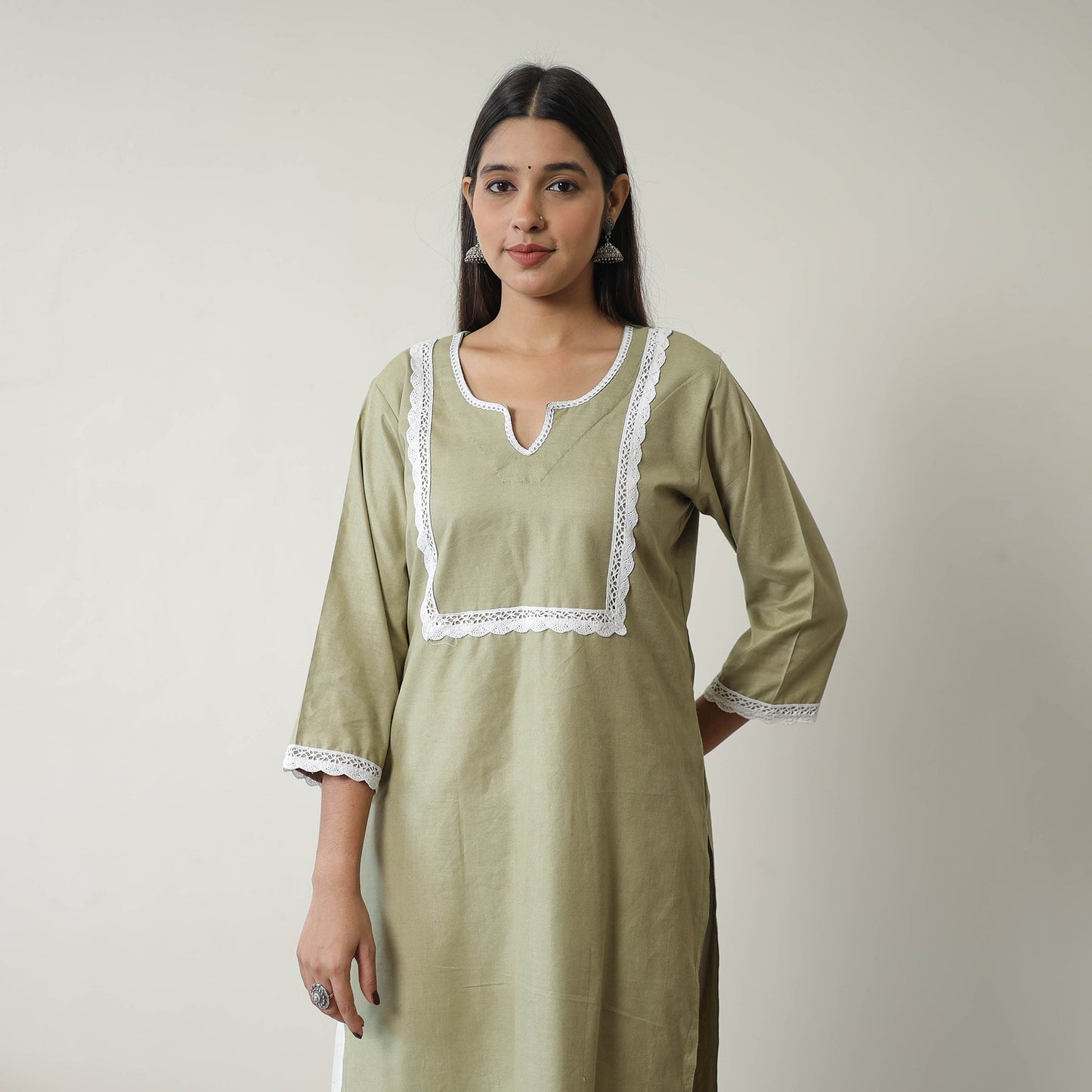  Ruhi Green Linen Cotton Plain Kurta with Lace Work