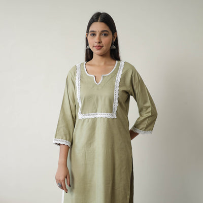  Ruhi Green Linen Cotton Plain Kurta with Lace Work