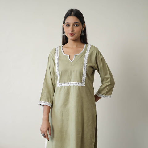  Ruhi Green Linen Cotton Plain Kurta with Lace Work