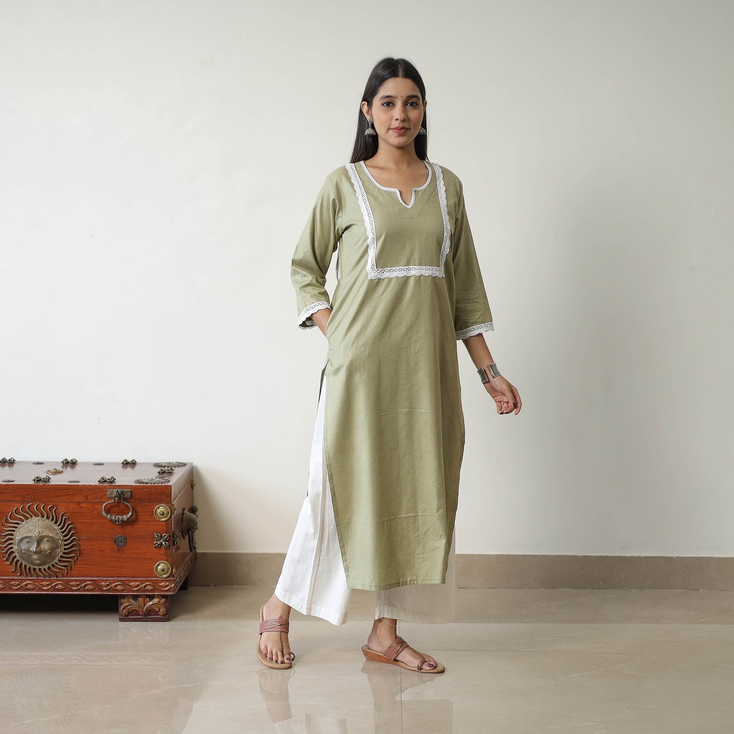  Ruhi Green Linen Cotton Plain Kurta with Lace Work