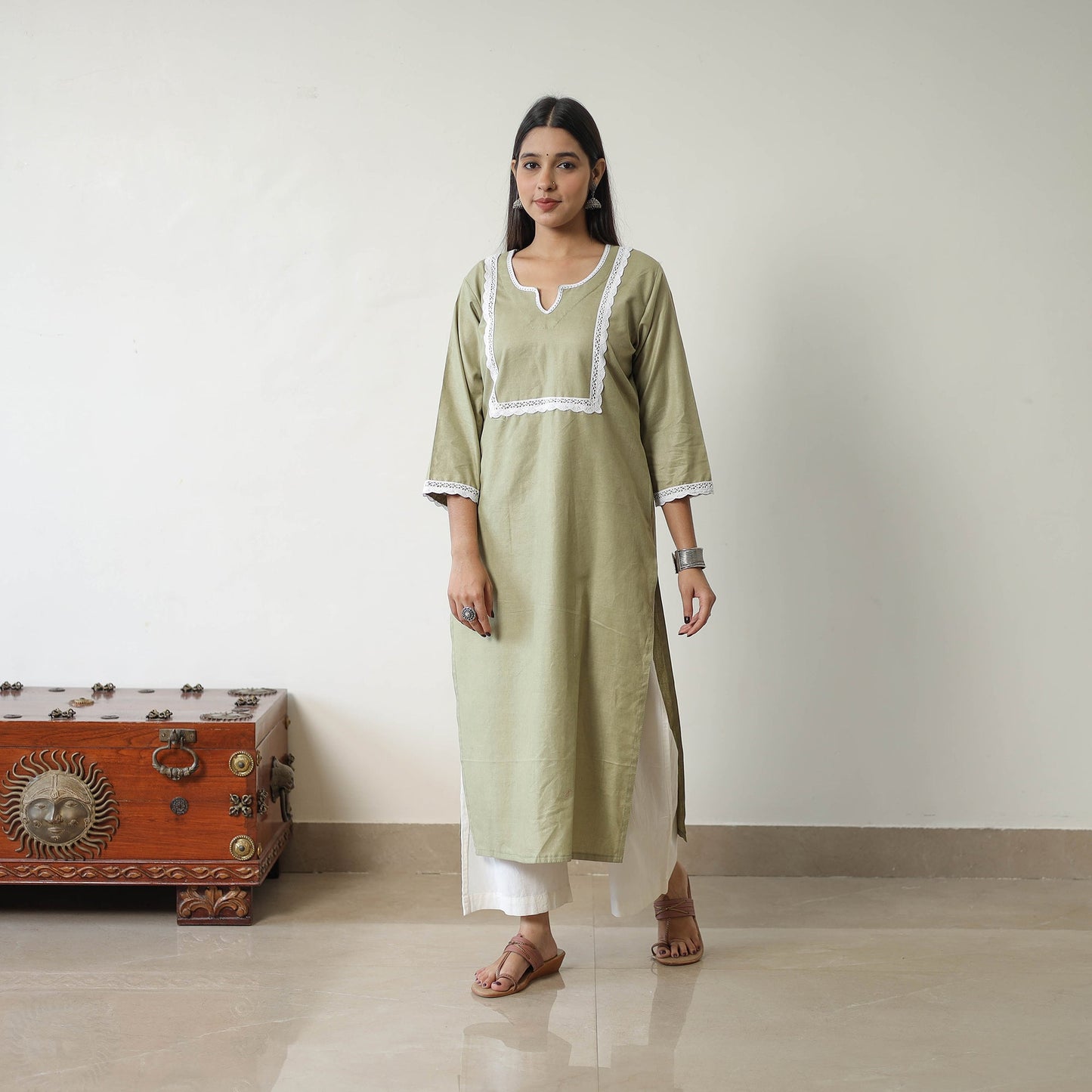  Ruhi Green Linen Cotton Plain Kurta with Lace Work