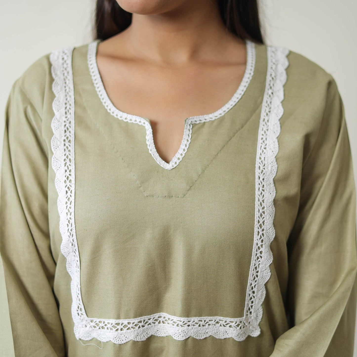  Ruhi Green Linen Cotton Plain Kurta with Lace Work