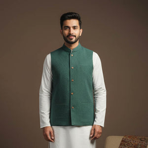 Running stitch cotton men plain nehru jacket 15