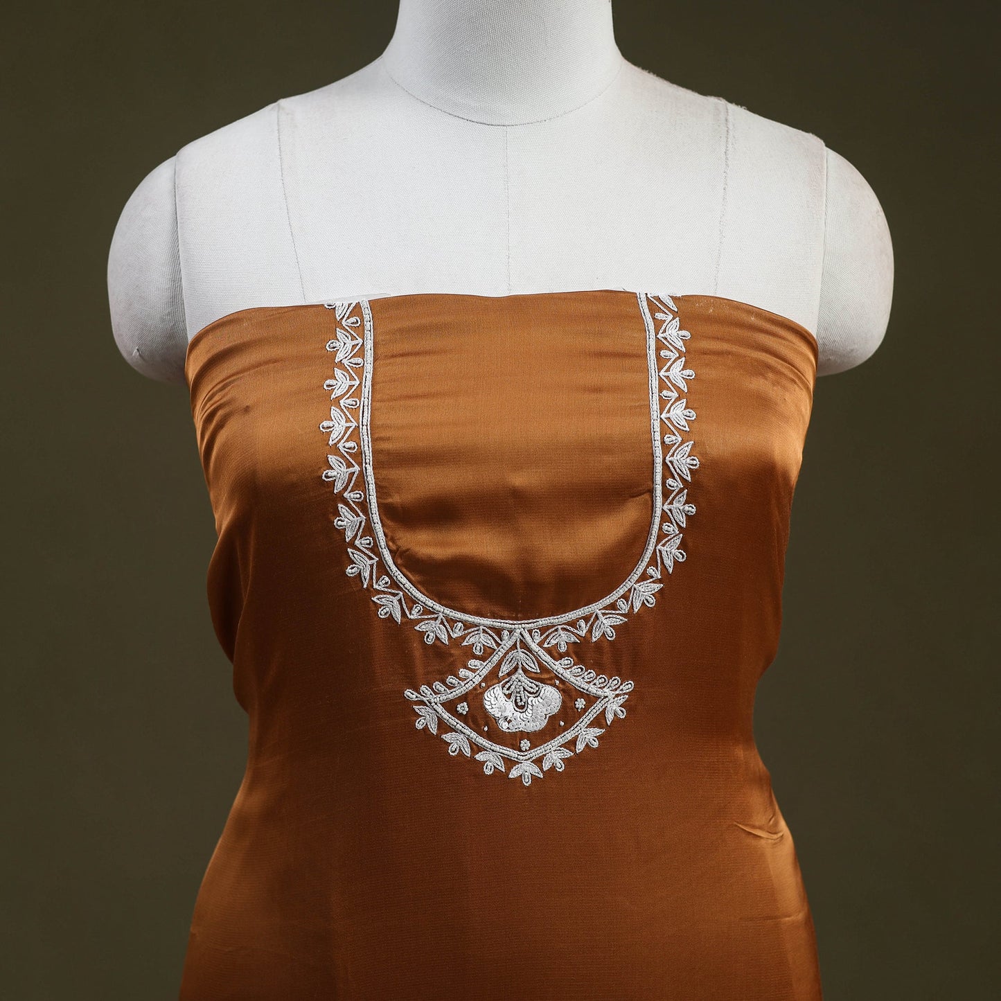  Russet Brown Hand Embroidery Modal Silk Kurta Material