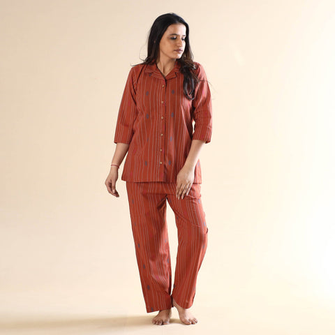Rust orange jacquard cotton top & pyjama night suit set