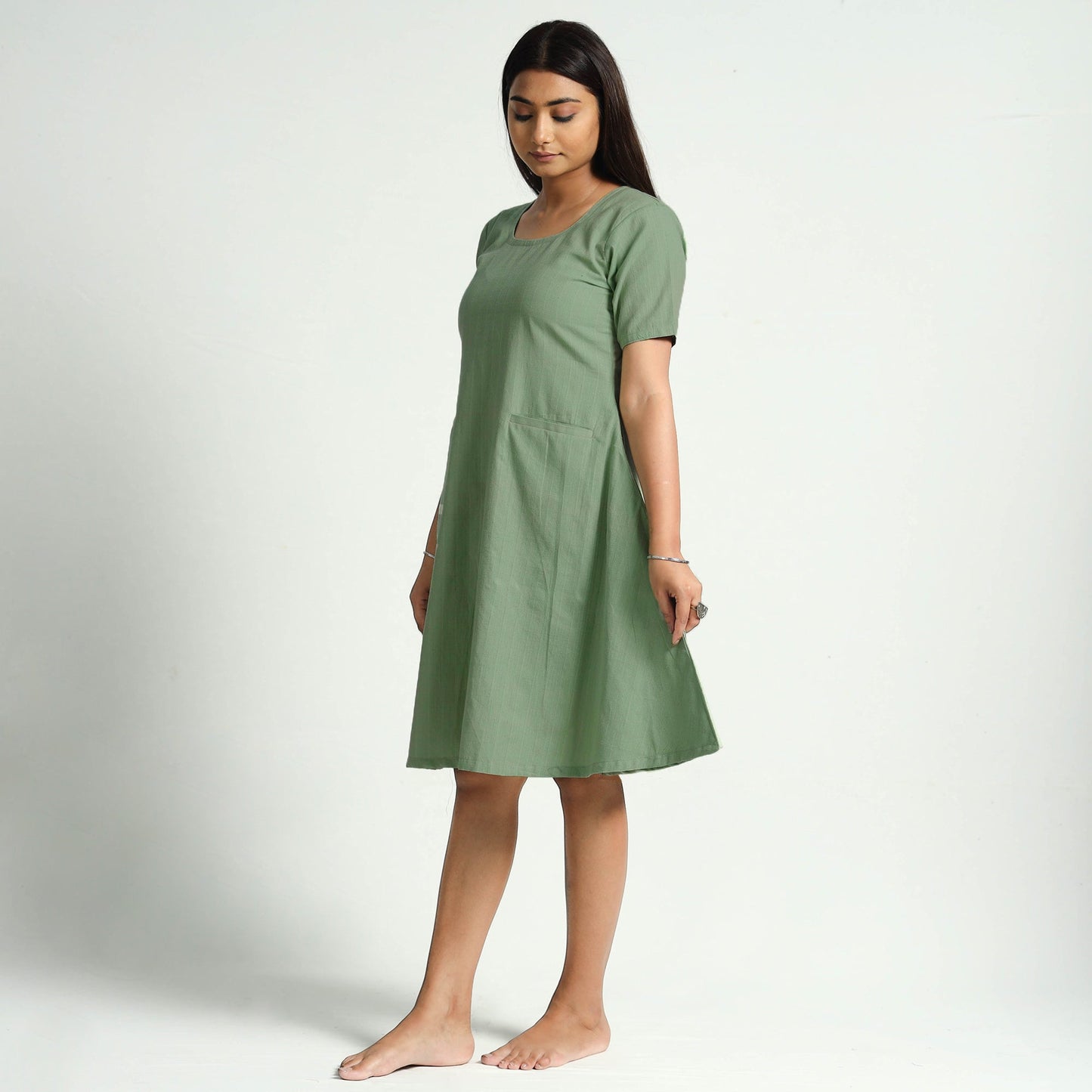 Sage green plain handloom cotton dress - handcrafted