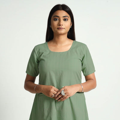 Sage green plain handloom cotton dress - handcrafted