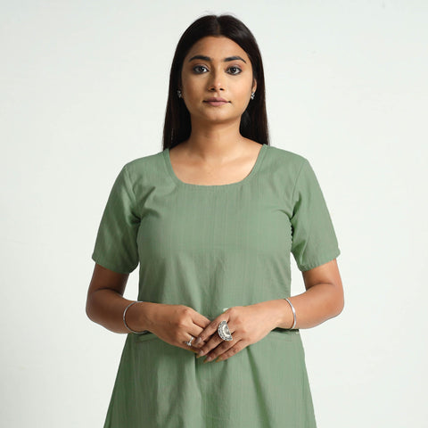 Sage green plain handloom cotton dress - handcrafted