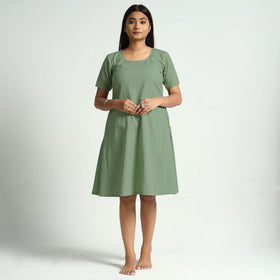 Sage green plain handloom cotton dress - handcrafted