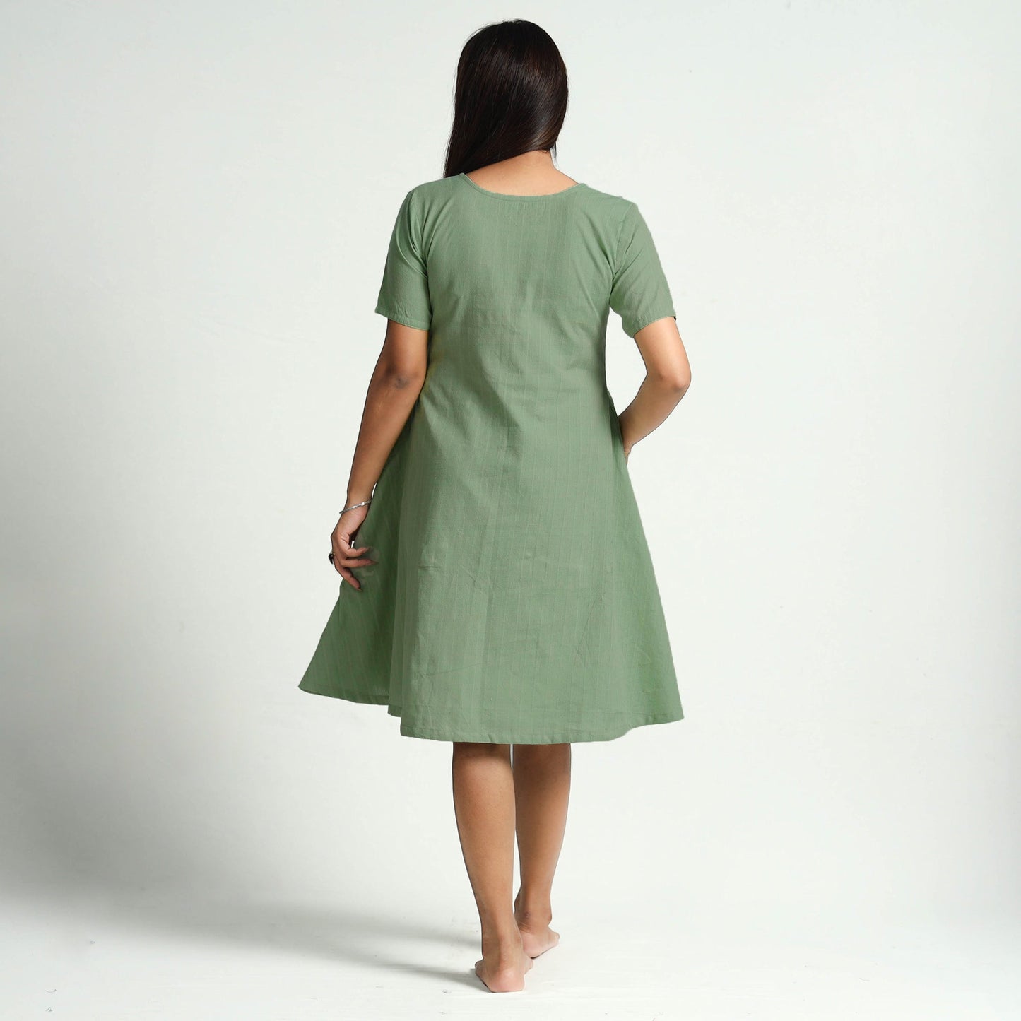 Sage green plain handloom cotton dress - handcrafted