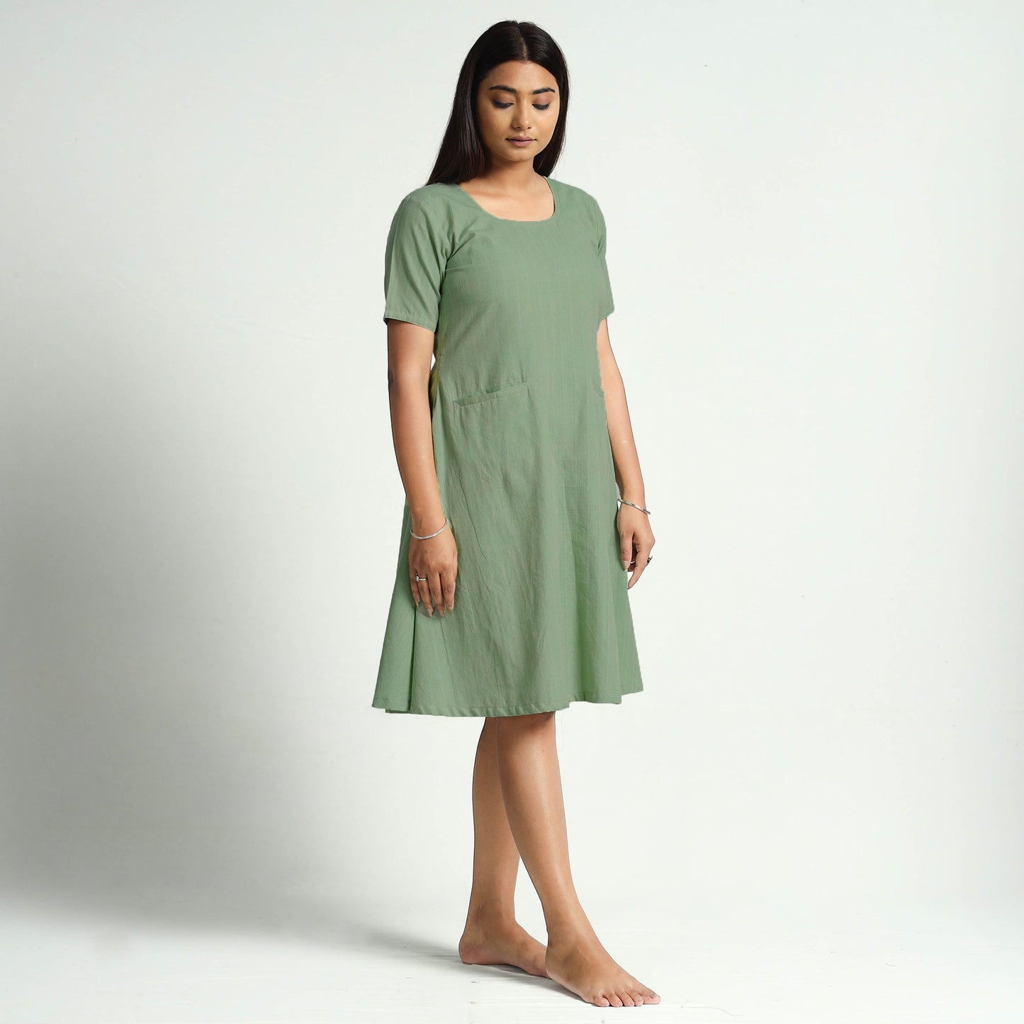 Sage green plain handloom cotton dress - handcrafted