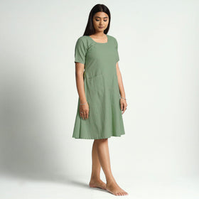 Sage green plain handloom cotton dress - handcrafted