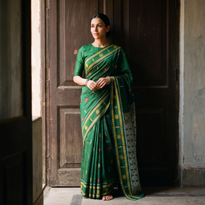 Green Sambalpuri Handloom Cotton Bomkai Saree with Blouse Piece, draped and worn by a woman, AI visual of the saree, iTokri