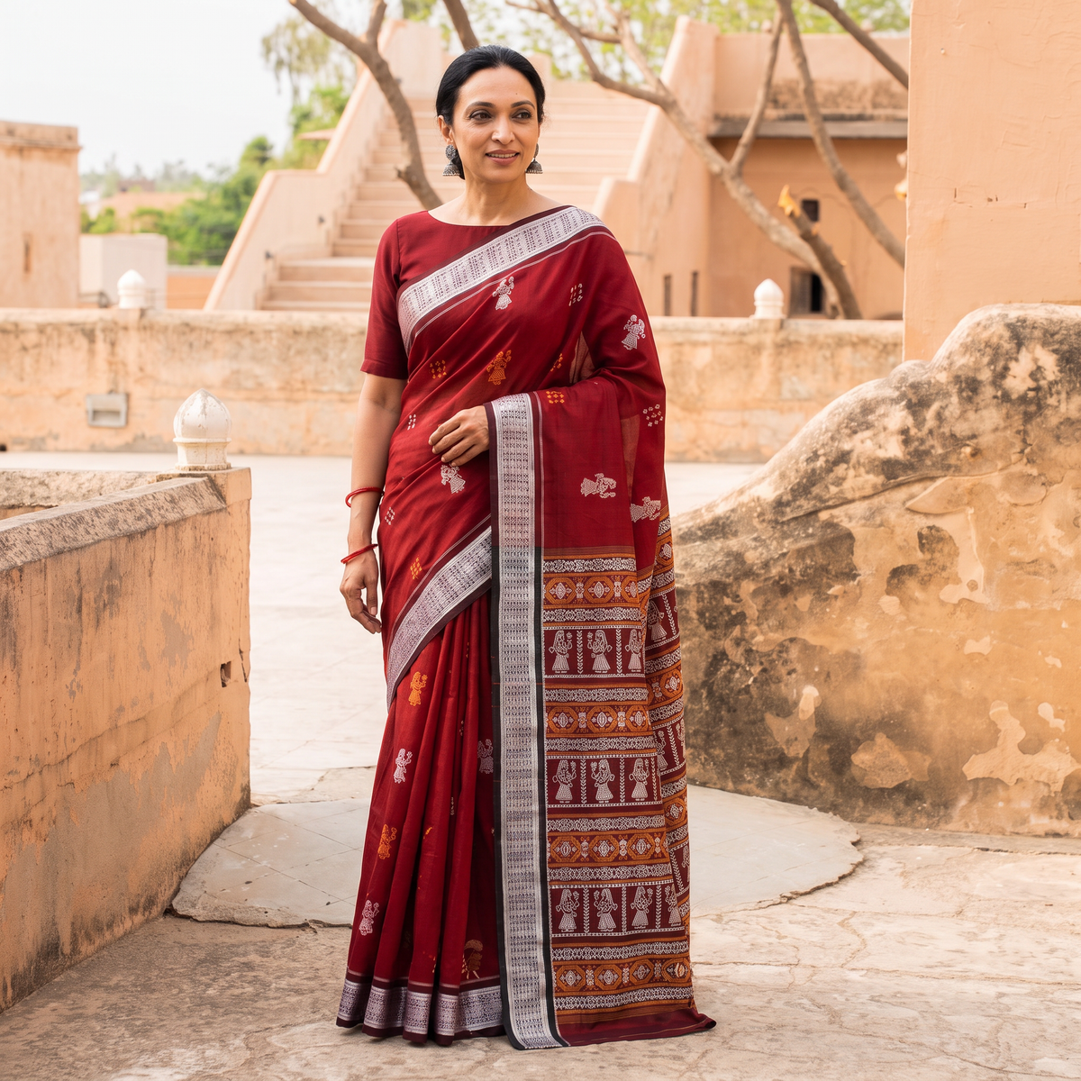 Maroon Sambalpuri Handloom Cotton Bomkai Saree with Blouse Piece, draped and worn by a woman, AI visual of the saree, iTokri