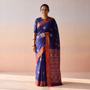 Blue Sambalpuri Handloom Cotton Bomkai Saree with Blouse Piece, draped and worn by a woman, AI visual of the saree, iTokri