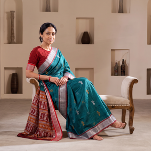 Green Sambalpuri Handloom Cotton Bomkai Saree with Blouse Piece, draped and worn by a woman, AI visual of the saree, iTokri