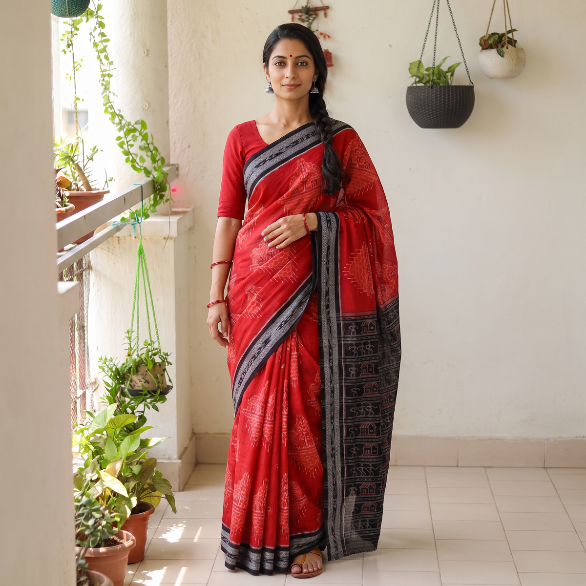 Red Sambalpuri Ikat Weave Handloom Cotton Saree, draped and worn by a woman, AI visual of the saree, iTokri