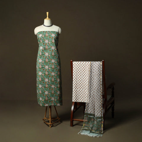 Sanganeri block print cotton 3pc unstitched dress material