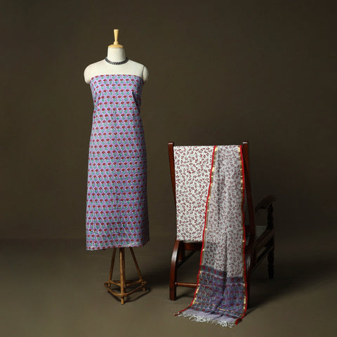 Sanganeri block print cotton 3pc unstitched dress material