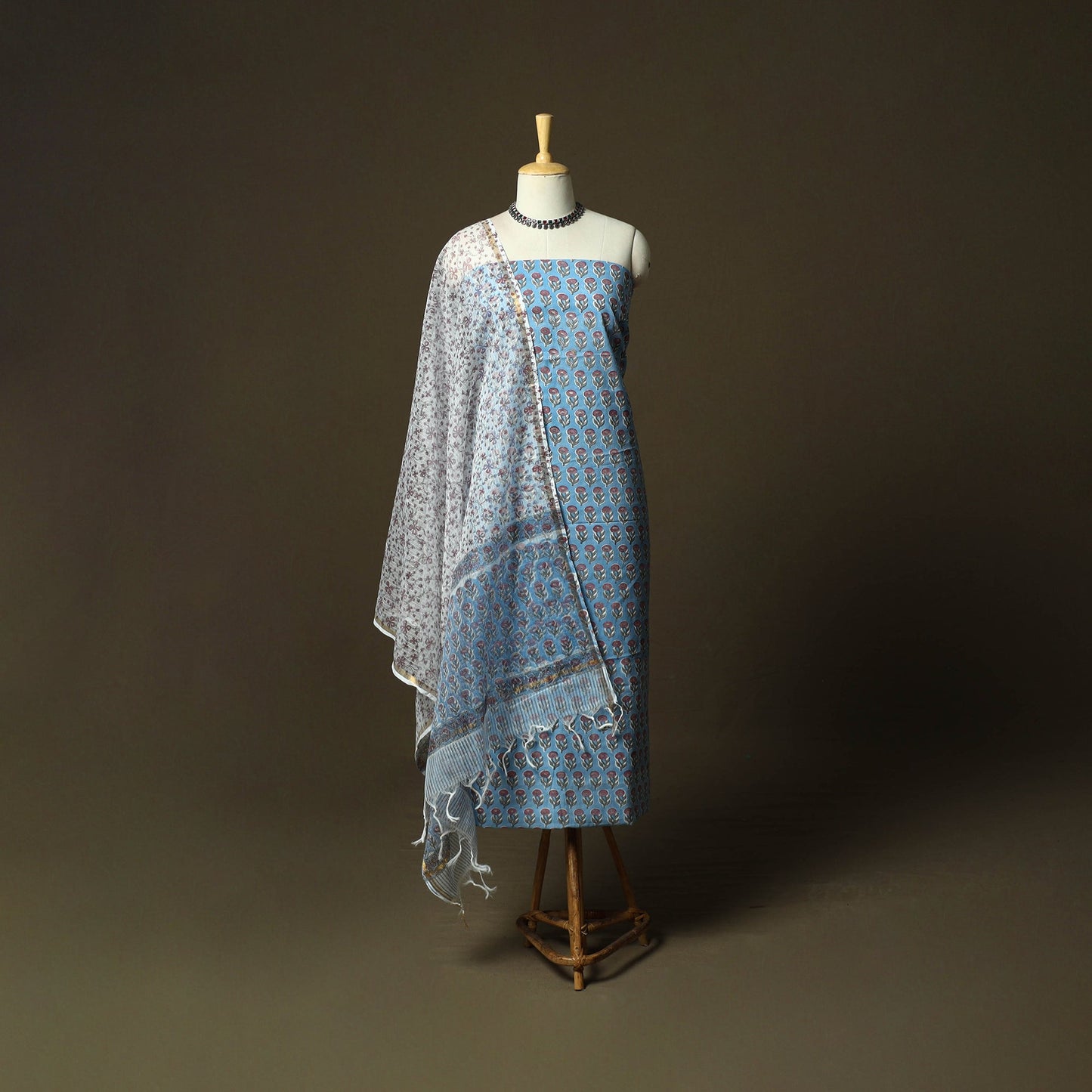 Sanganeri block print cotton 3pc unstitched dress material