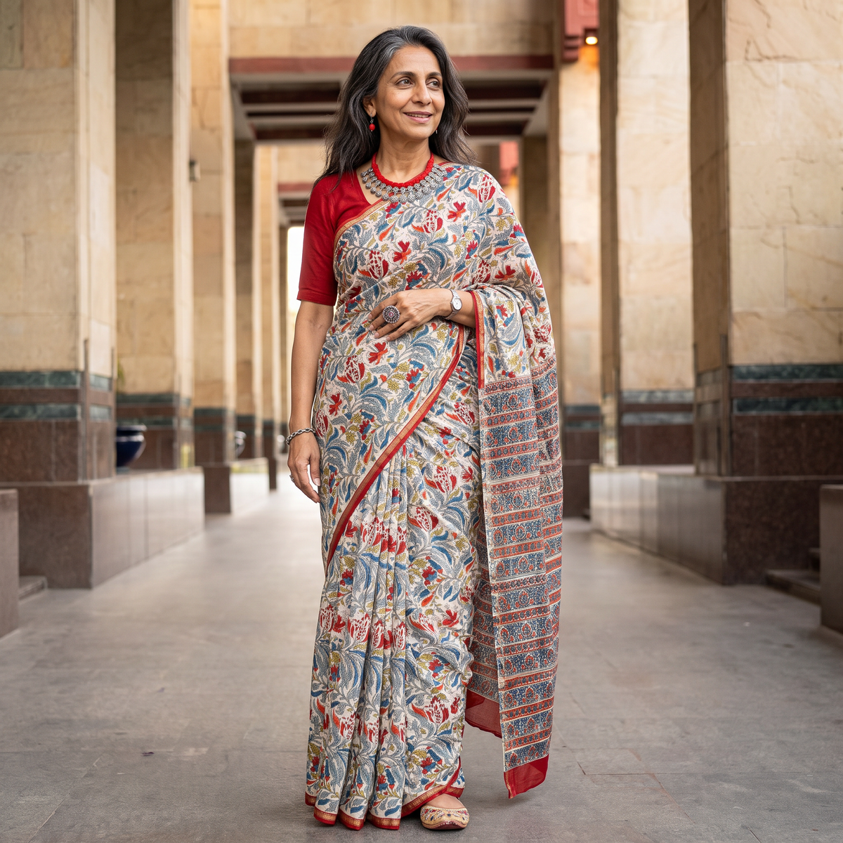 Multicolor Sanganeri hand block print Chanderi silk saree, draped and worn by a woman, AI visual of the saree, iTokri