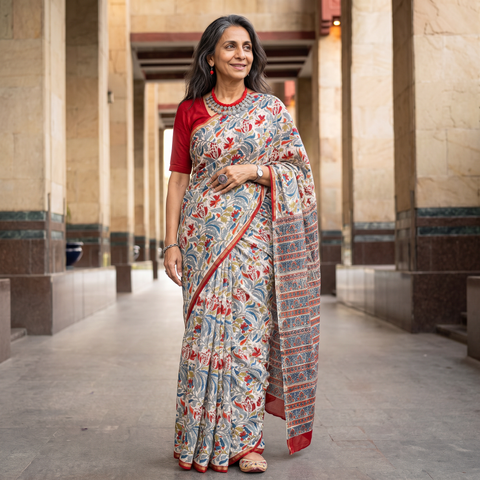 Multicolor Sanganeri hand block print Chanderi silk saree, draped and worn by a woman, AI visual of the saree, iTokri