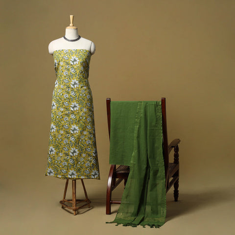 Sanganeri hand block print cotton 3pc unstitched dress