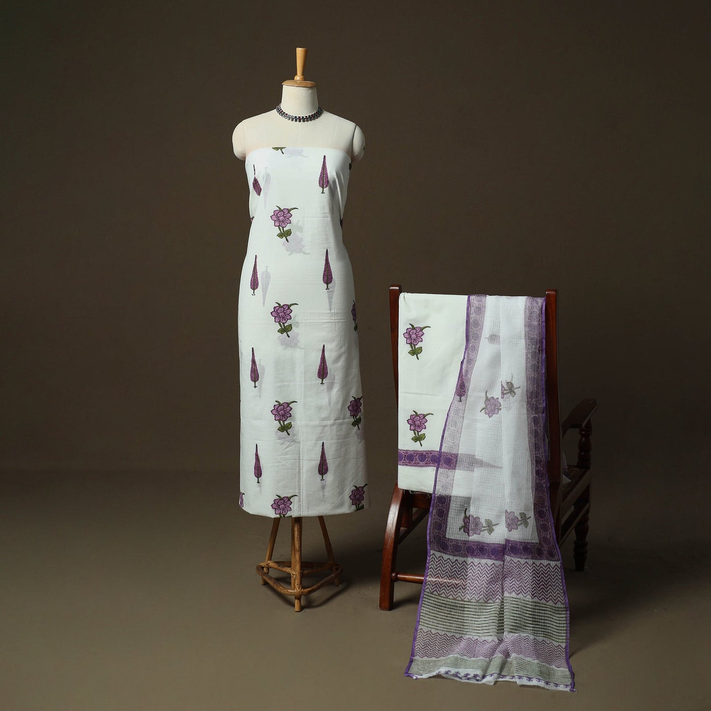 Sanganeri hand block print cotton 3pc unstitched dress