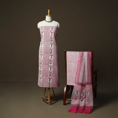 Sanganeri hand block print cotton 3pc unstitched dress