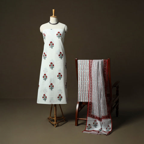 Sanganeri hand block print cotton 3pc unstitched dress