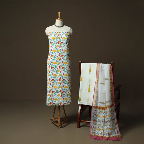 Sanganeri hand block print cotton 3pc unstitched dress