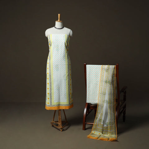 Sanganeri hand block print cotton 3pc unstitched dress