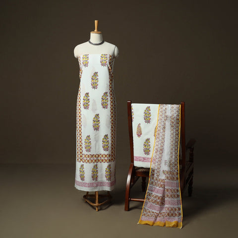 Sanganeri hand block print cotton 3pc unstitched dress