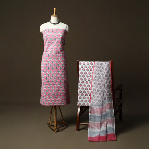 Sanganeri hand block print cotton 3pc unstitched dress