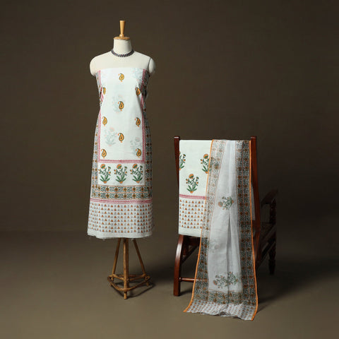 Sanganeri hand block print cotton 3pc unstitched dress