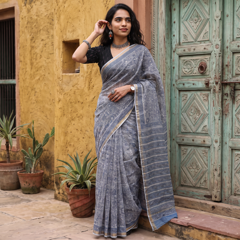 Grey Sanganeri hand block print Kota Doria cotton saree by artisan Purushottam Chhipa, draped and worn by a woman, AI visual of the saree, iTokri