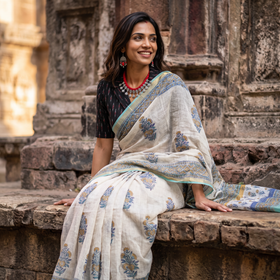 White Sanganeri hand block print Kota Doria cotton saree by artisan Purushottam Chhipa, draped and worn by a woman, AI visual of the saree, iTokri