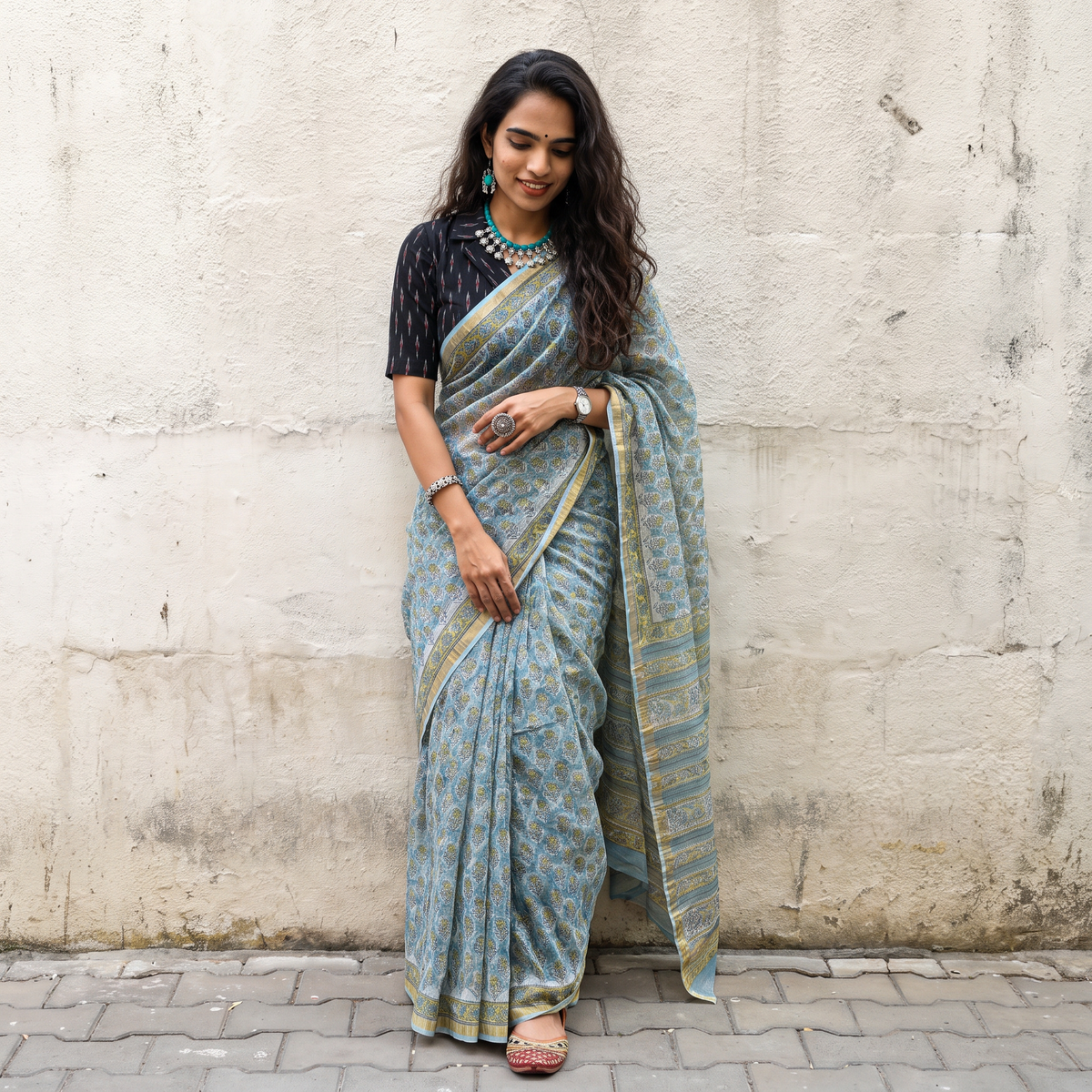 Blue Sanganeri hand block print Kota Doria cotton saree by artisan Purushottam Chhipa, draped and worn by a woman, AI visual of the saree, iTokri