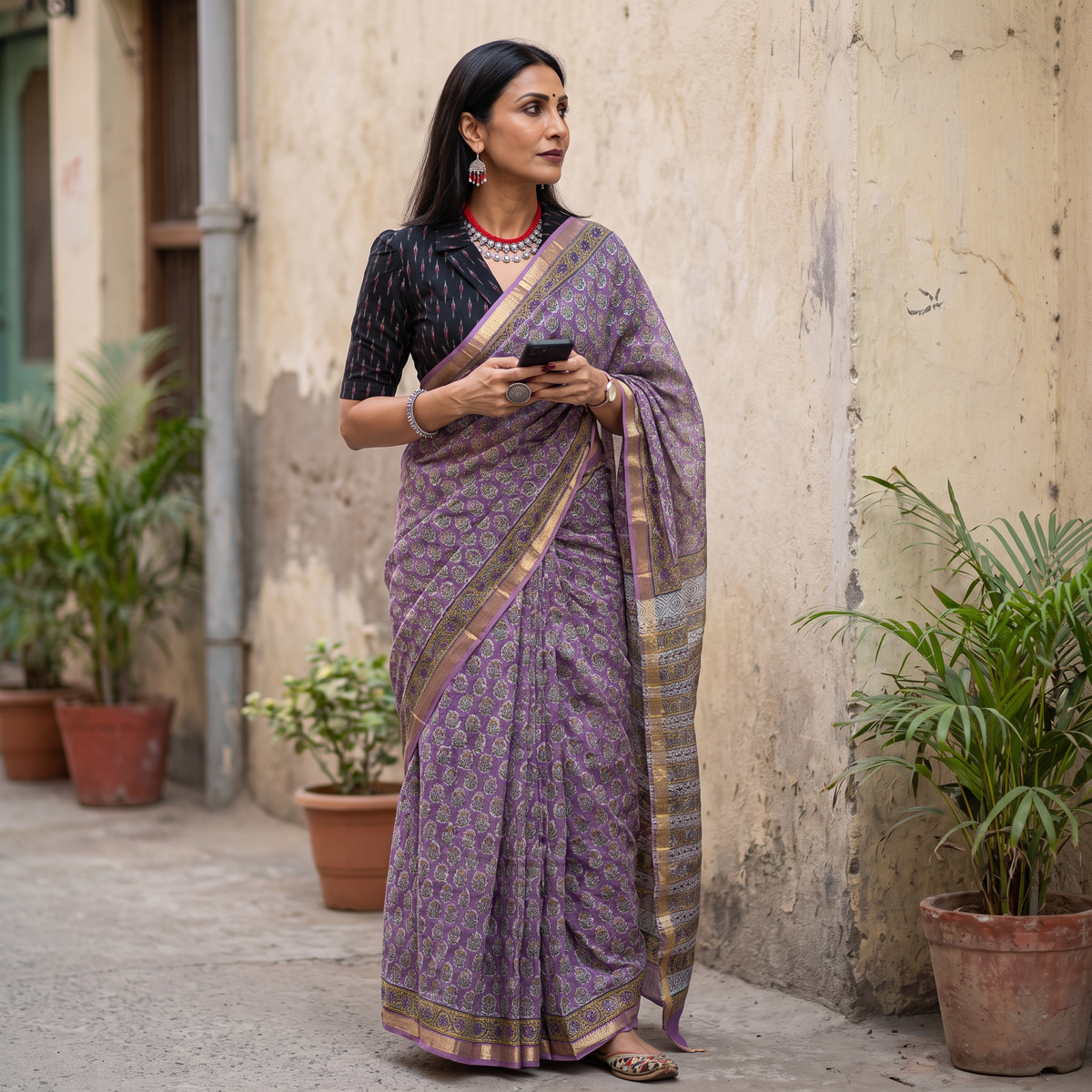 Lavender Sanganeri hand block print Kota Doria cotton saree by artisan Purushottam Chhipa, draped and worn by a woman, AI visual of the saree, iTokri