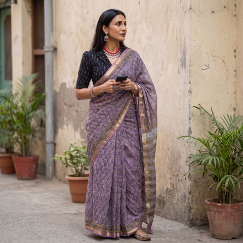 Lavender Sanganeri hand block print Kota Doria cotton saree by artisan Purushottam Chhipa, draped and worn by a woman, AI visual of the saree, iTokri