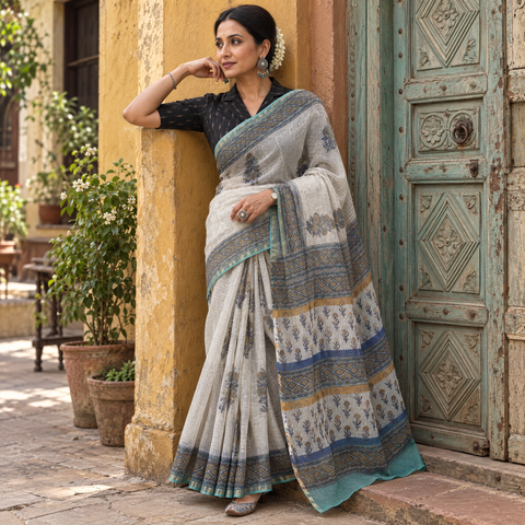 White and grey Sanganeri hand block print Kota Doria cotton saree by artisan Purushottam Chhipa, draped and worn by a woman, AI visual of the saree, iTokri