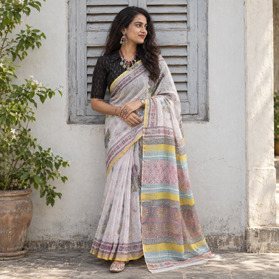 White Sanganeri hand block print Kota Doria cotton saree by artisan Purushottam Chhipa, draped and worn by a woman, AI visual of the saree, iTokri