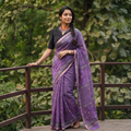Purple Sanganeri hand block print Kota Doria cotton saree by artisan Purushottam Chhipa, draped and worn by a woman, AI visual of the saree, iTokri