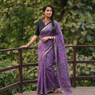 Purple Sanganeri hand block print Kota Doria cotton saree by artisan Purushottam Chhipa, draped and worn by a woman, AI visual of the saree, iTokri