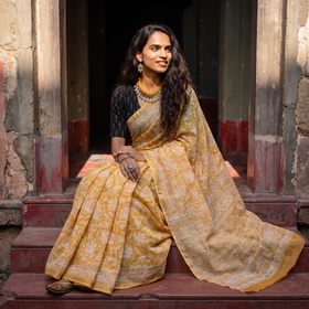 Yellow Sanganeri hand block print Kota Doria cotton saree by artisan Purushottam Chhipa, draped and worn by a woman, AI visual of the saree, iTokri
