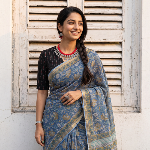 Blue Sanganeri hand block print Kota Doria cotton saree by artisan Purushottam Chhipa, draped and worn by a woman, AI visual of the saree, iTokri