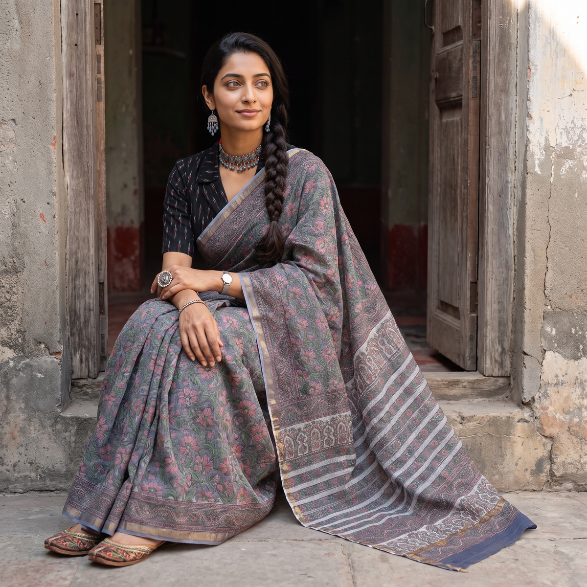 Grey Sanganeri hand block print Kota Doria cotton saree by artisan Purushottam Chhipa, draped and worn by a woman, AI visual of the saree, iTokri