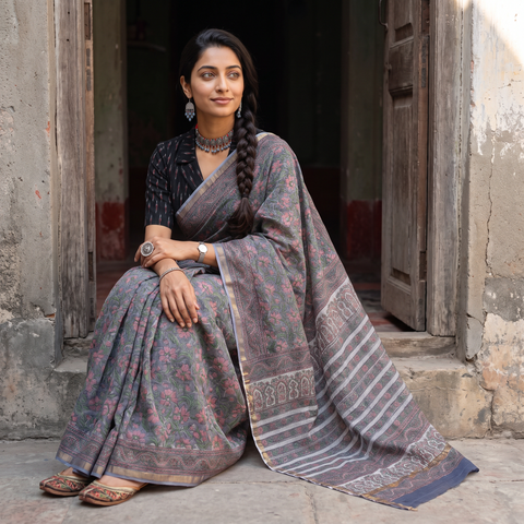 Grey Sanganeri hand block print Kota Doria cotton saree by artisan Purushottam Chhipa, draped and worn by a woman, AI visual of the saree, iTokri